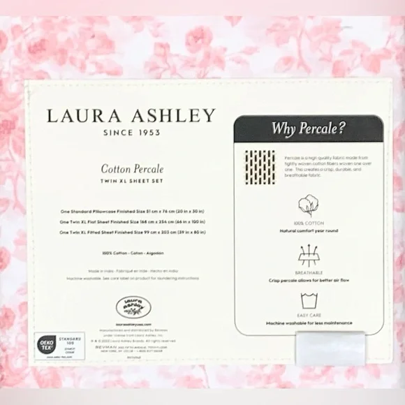 Laura Ashley Pink Roses Floral Sheet Set - Twin XL - Picture 4 of 5